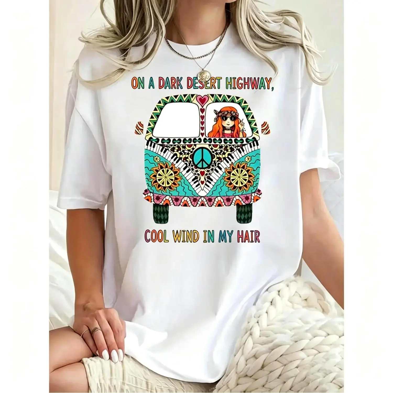 Colorful Bohemian Graphic Tee for Plus Size Women Showcasing Hippie Bus Desert Scene and Dark Highway Quote