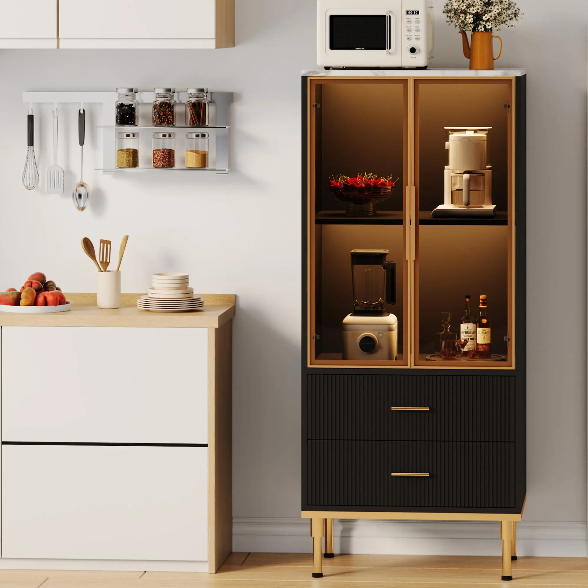 White Freestanding MDF-Glass Pantry Cabinet - Kitchen Cabinet Furniture with Glass Door, 2 Drawers, 2 Shelves for Living Room, Office, Two Shelves