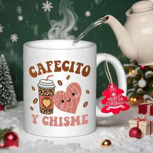 11oz Ceramic Mug with Spanish Coffee & Churro Design - "Cafecito Y Chisme" - Handcrafted Artisanal Cup for Thanksgiving, Christmas, Halloween, Easter - Perfect Gift For Coffee Lovers, Festive Drinkware, Holiday Drinkware, Holiday Shoppers
