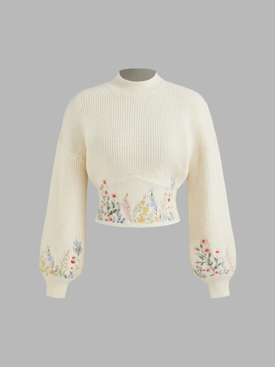 Knit High Neck Floral Embroidery Crop Top
