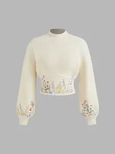 Knit High Neck Floral Embroidery Crop Top