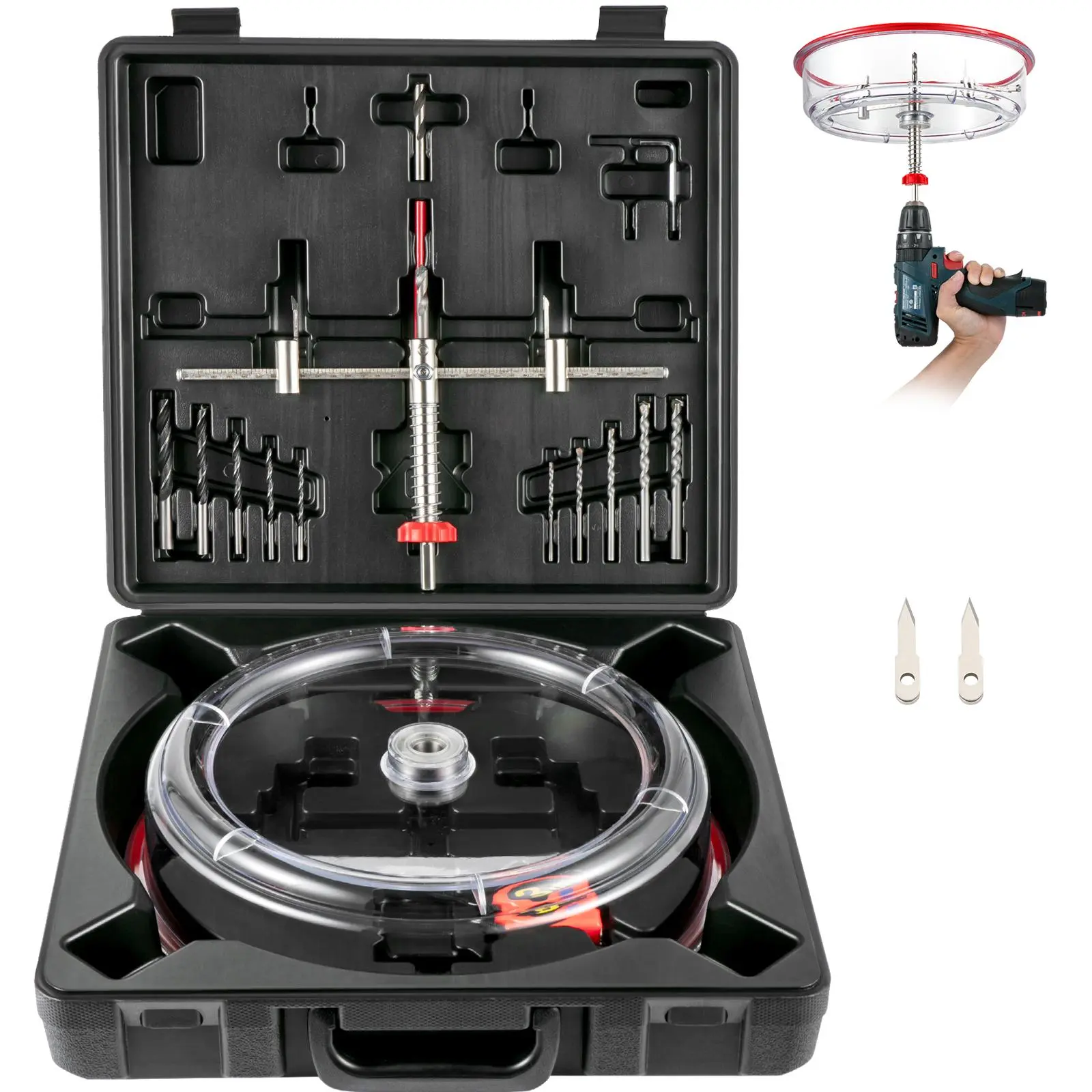 【summerfinds】VEVOR Adjustable Hole Saw Cutter Kit, 1-5/8\" to 11-13 /16\" (40-300 mm), Recessed Hole Saw with PC Dust Shield, Two Replaceable Pilot Drill Bits, for Recessed Lights, Ceiling Speakers, Vent Holes