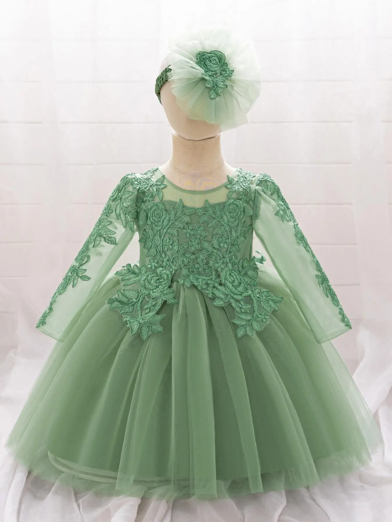 Girl's Floral Lace Embroidery Contrast Mesh Fit & Flare Dress & Flower Appliques Hairband Set, Elegant Long Sleeve Round Neck Dress & Hair Accessory f