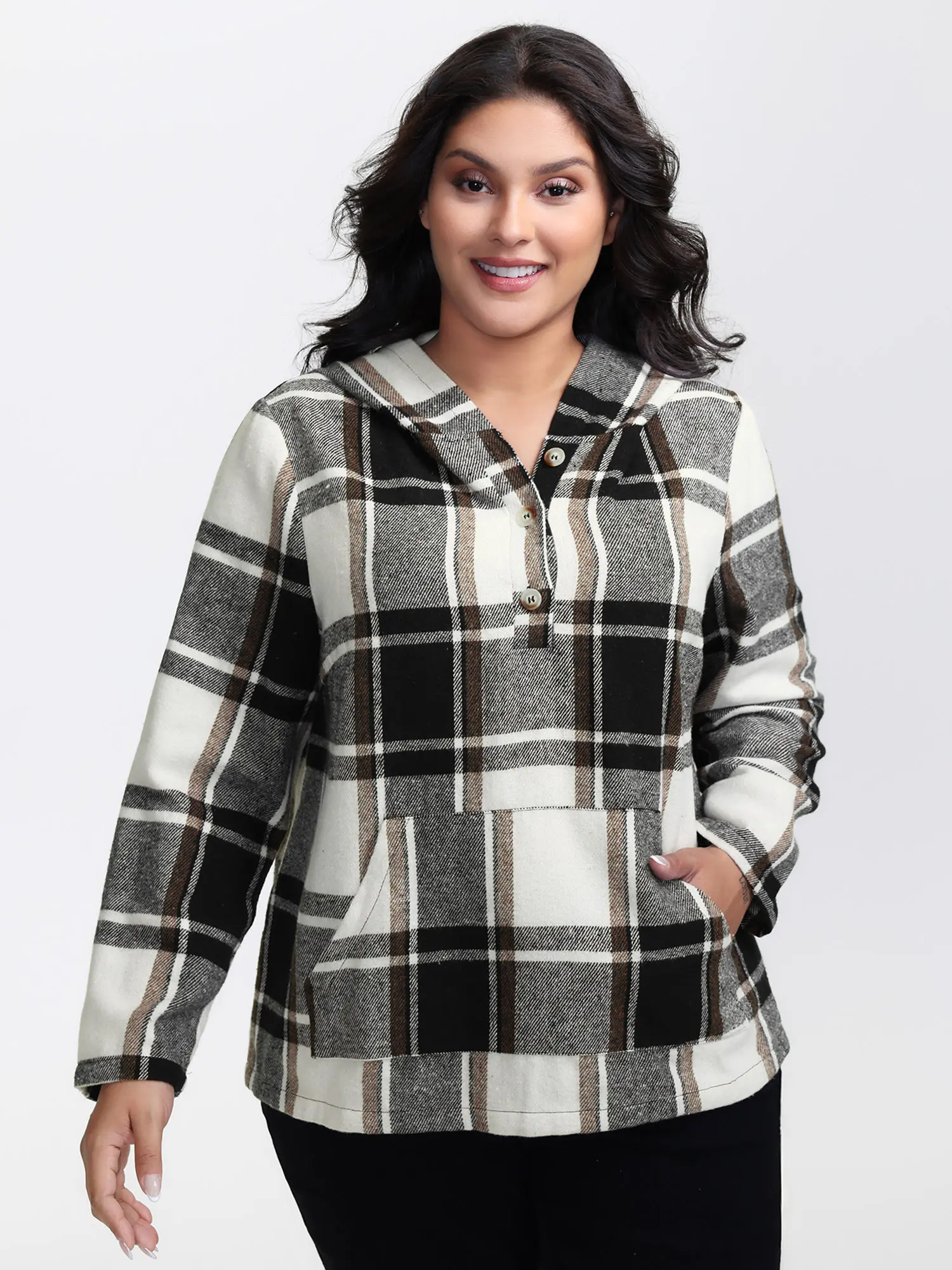 BloomChic Women's Fitted Plaid Extended-Length Hoodie - Long Sleeves, Half-Open Placket, Pockets, Cozy Smooth Polyester Fabric, Casual Checkerboard Womenswear Top [M-6X], Casual Women's Hoodies, Checkerboard Women's Hoodies