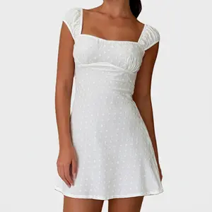 Women's White Eyelet Embroidered Mini Dress, Square Neck Cap Sleeve A-Line Flowy Short Dress, Casual Summer Babydoll Dress for Women