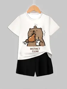 Kids White Background Capybara Eating Chicken Leg and Holding Hot Drink Print Casual Set, Short Sleeve T-Shirt and Shorts Two-Piece