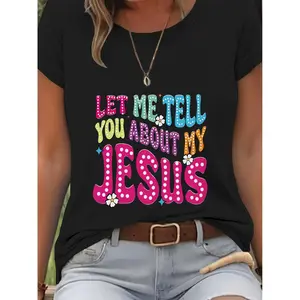Vibrant Jesus Message Women'S T Shirt - Short Sleeve Slim Fit Casual Graphic Tee - Eye-Catching Design with 'LET ME TELL YOU ABOUT MY JESUS' in Bright Colors Features Pink Light Blue Yellow A1 Three Color Women'S Clothing