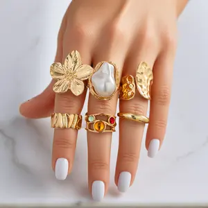 Chunky Gold Rings for Women Non-Tarnish, 6 Pieces Statement Ring Set, Gold-Tone with Flower and Pearl Design,chunky jewelry