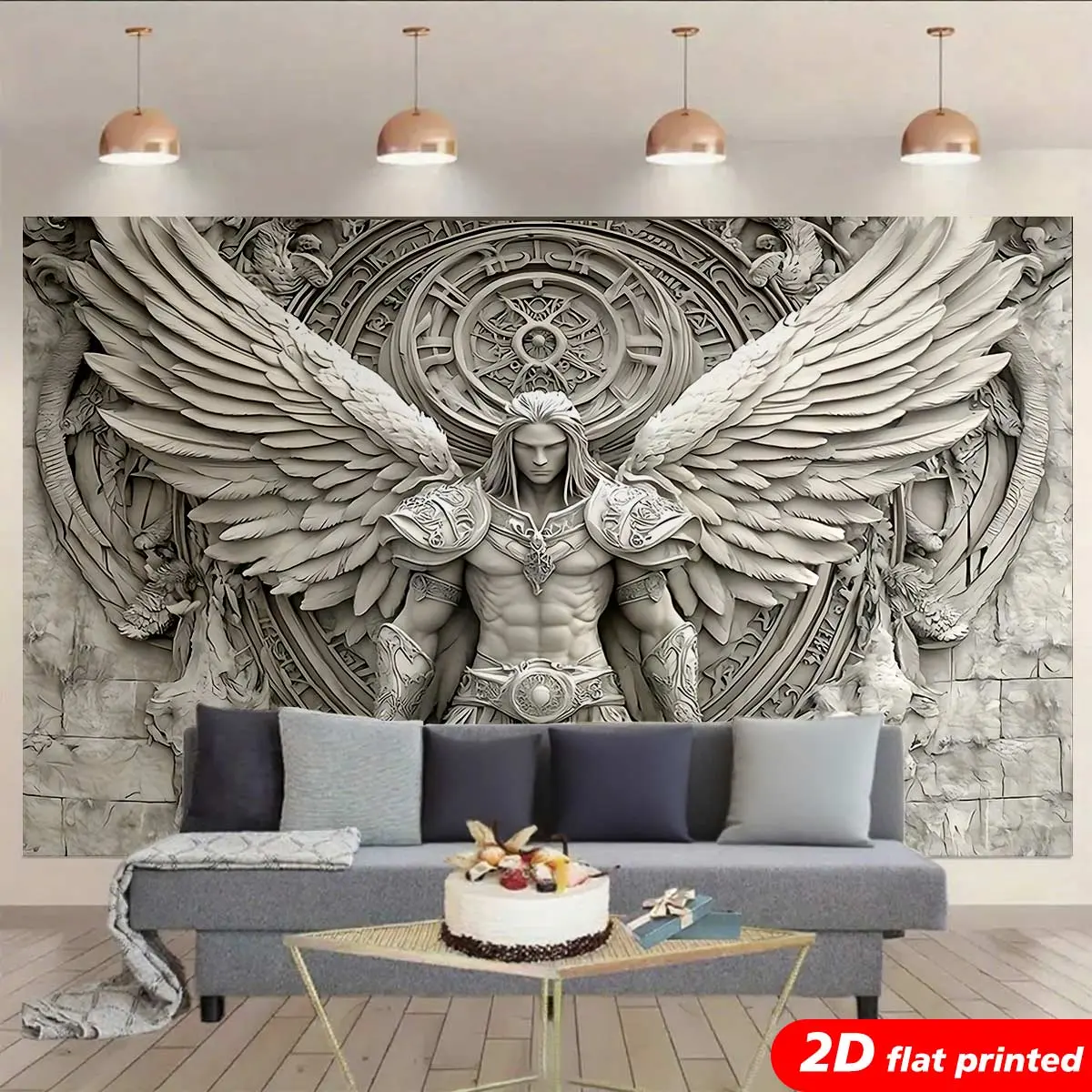 3D Effect Angel Warrior Signature Tapestry Wall Hanging - Synthetic Fantasy Aesthetic 2D Flat Printed Sculpture-Style Winged Knight Room Art, Durable Smooth Wrinkle-Resistant Gothic Easy-Install Indoors Home Decor, Arch Photo Backdrop Gift