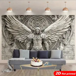 3D Effect Angel Warrior Tapestry Wall Hanging, 2D Flat Printed Sculpture Style Winged Knight Tapestry, Fantasy Mythology Wall Art for Living Room Bedroom, Gothic Home Decor, Man Cave Decor, Aesthetic Room Decor