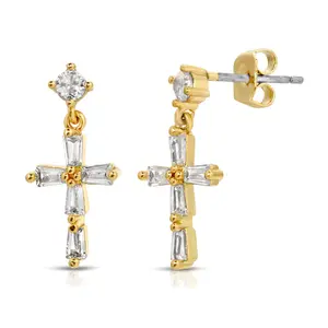 SS071511-Sterling Silver Post Cubic Zirconia Stone Brass Metal Dangle Earrings