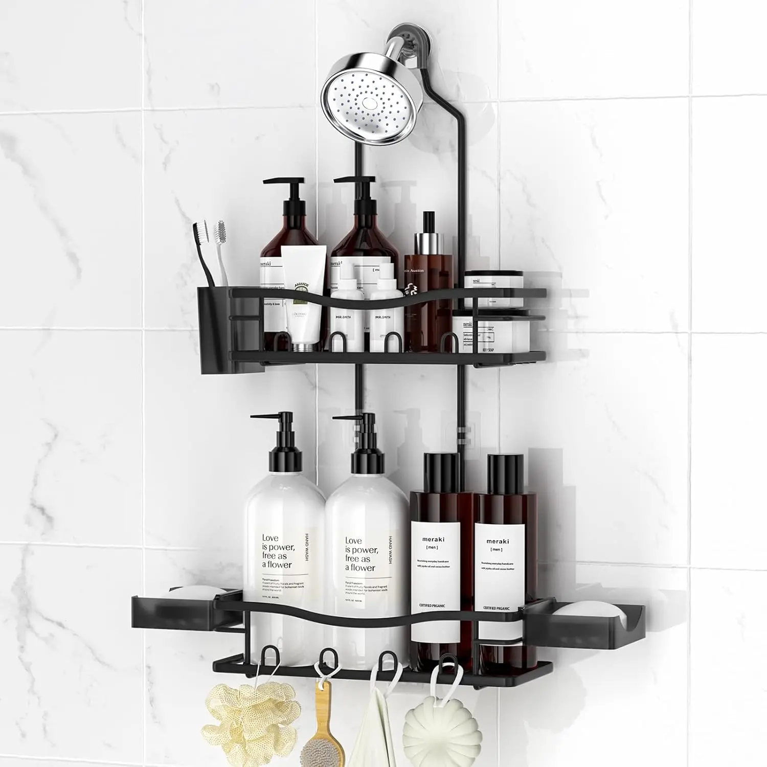 Shower Caddy Hanging, Rustproof Shower Caddy Anti-Swing Shower Organizer Over Showerhead No Drilling Shower Racks with Soap Holder Multi Hooks Bathroom Storage for Shampoo Sponge, Black
