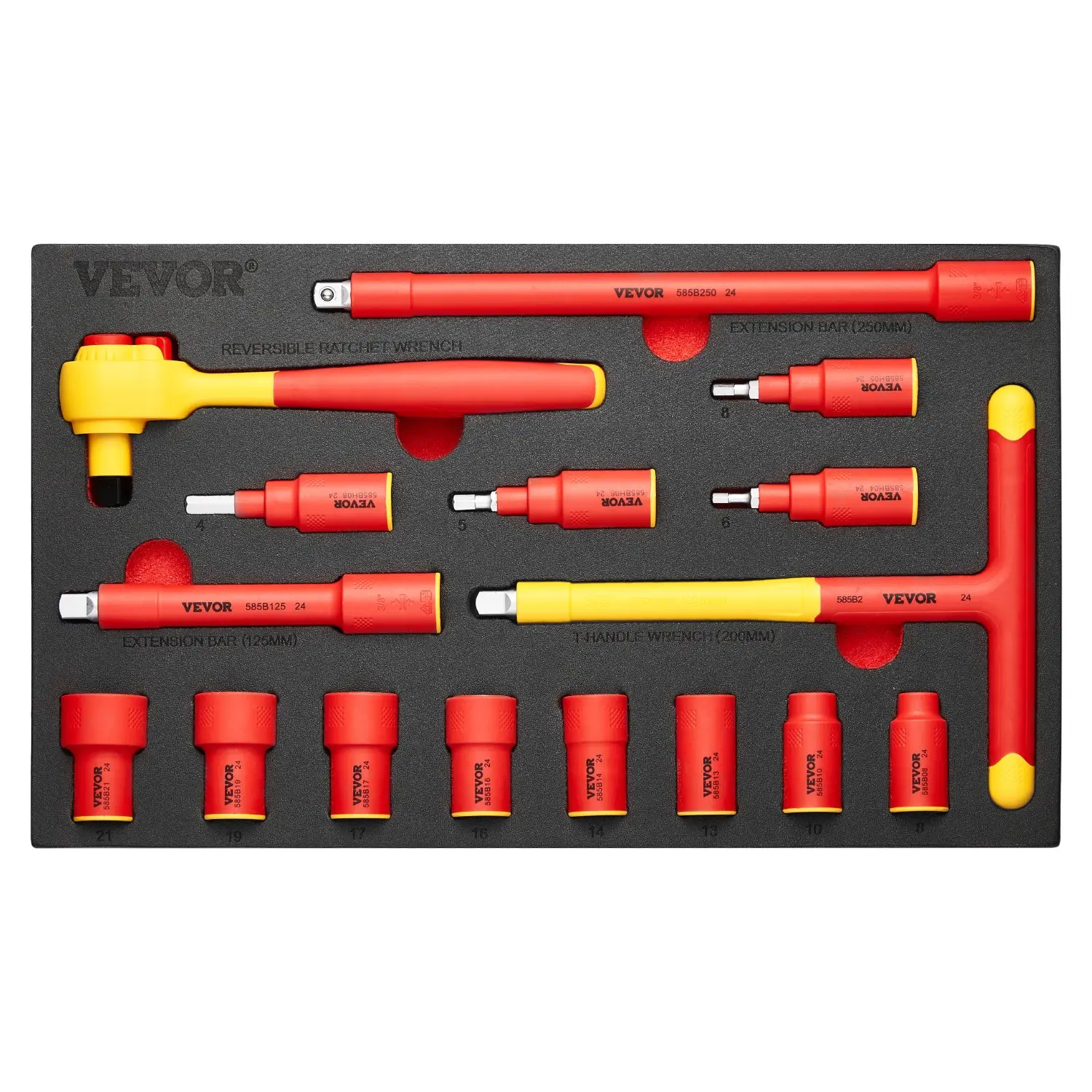 VEVOR 16-Piece Insulated Socket & Wrench Tool Set, 1000V Rated, with Insulation Design, for Electricians/Home Repair, Includes Insulated Sockets