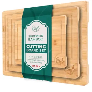 CHEF'S FAVORITE Bamboo Cutting Board Set of 3 - Pre-Oiled Chopping Board with Built-In Handles - Large, Medium, Small Boards - Double-Sided Kitchen Cutting Board - Juice Grooves for Mess-Free Cutting
