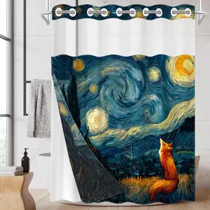 1pc hookless shower curtain with snap fastener, 2D flat printed with foxes under the stars, fabric waterproof inner lining shower curtain with transparent window double-layer shower curtain, 71 x 74 inches, modern home curtain decoration