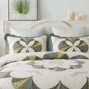Kasentex 100% Cotton Pillow Shams - 2-Pack, Quilted Texture, Decorative Floral Print, Patchwork Embroidery, Handcrafted Look, Ivory & Brown, Standard/King Size, Bedding Products for Bedroom Decor Ideas