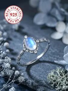 S925 Sterling Silver Geometric Oval Shaped Ring, Imitation Moonstone Infinity Band, Proposal Wedding Anniversary Gift with Box, Beautiful Rings