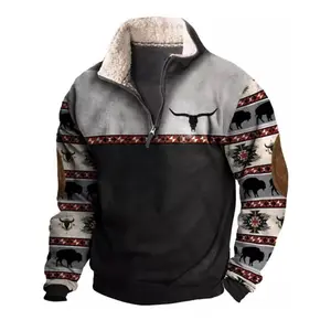 Aztec Cowboy Mens Hoodie Vintage Graphic Western Hoodies for Men Casual Long Sleeve Half Zip Pullover with Pocket Menswear Stylish Kangaroo Outdoor