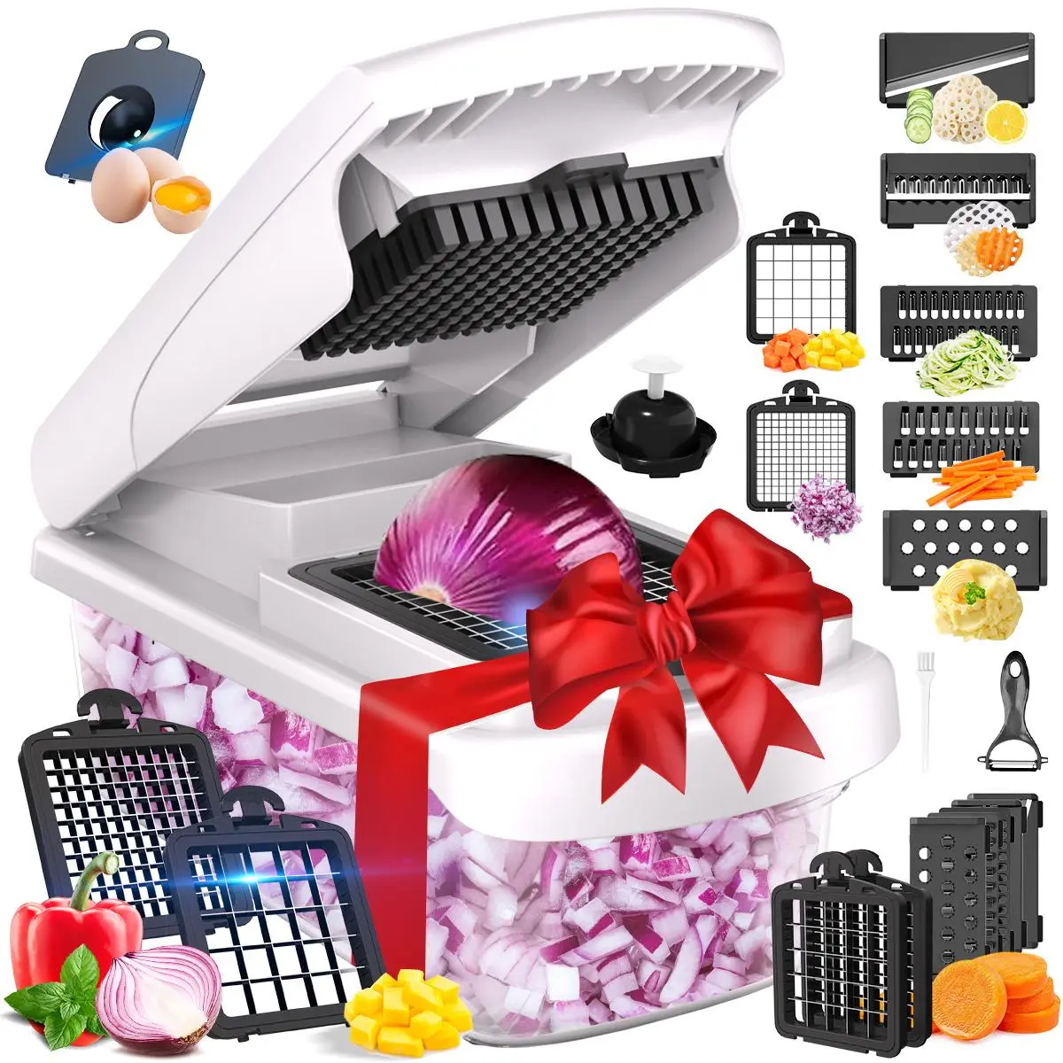 15-in-1 White Alloy Vegetable Cutter Machine - Adjustable Kitchen Fixture Accessory with Water-Resistant Storage Container, Simplifies Food Preparation for Effortless Kitchen Prep, Thoughtful Gift Vegetable Cutting Slicer Chopping