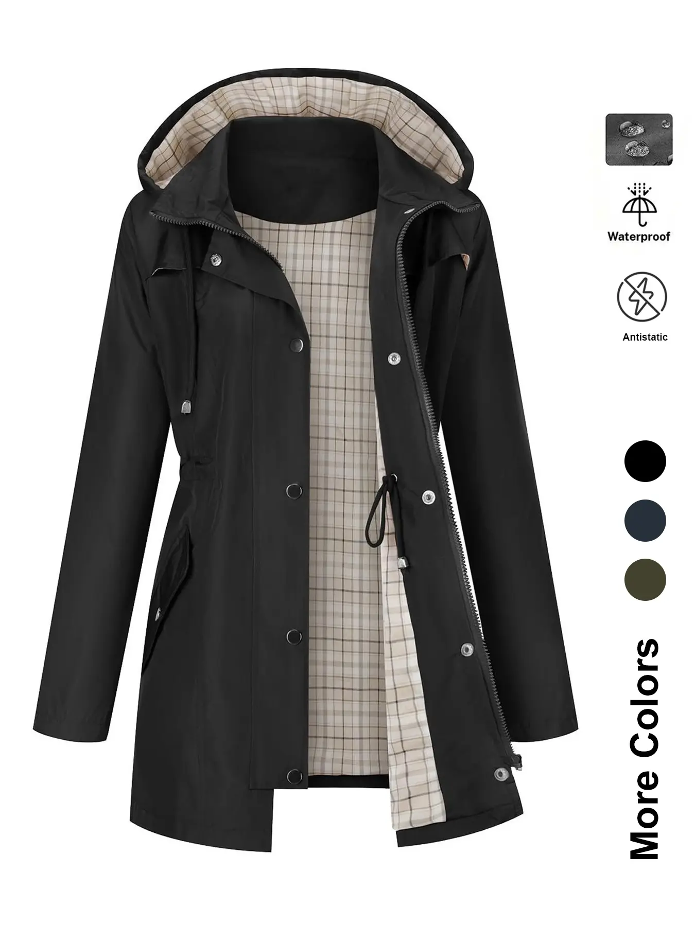 Women's Plain Outdoor Anti-Static Waterproof Lightweight Long Sleeve Hooded Jacket Coats Rain Jackets, Casual Fitted Woven Fabric for All Seasons Womenswear Waterproof Jackets