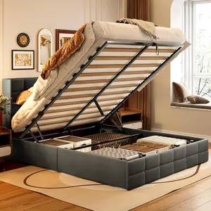 GIZOON Full Size Full Lift-Up Storage Bed with Headboard and Storage, Upholstered Sturdy Platform Bed Frame, Modern Wingback Headboard, Wooden Slats Support, Hydraulic Lift, No Box Spring Needed, Full Size Bed