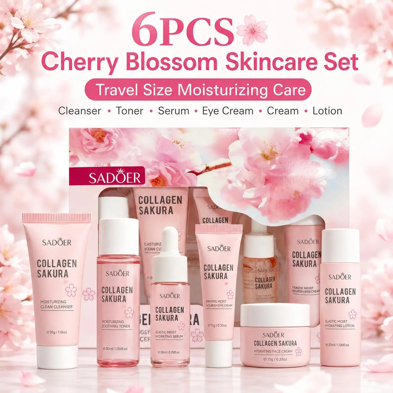 6PCS Cherry Blossom Skincare Set, Travel Size Moisturizing Face Care Kit with Cleanser, Toner, Serum, Eye Cream, Face Cream & Lotion, Daily Hydrating Routine, Gift for Women