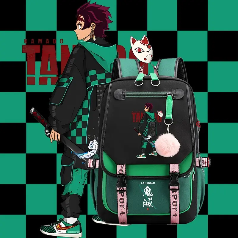Demon Slayer Anime Men's Fashion Backpack - Large Capacity Luggage Rucksack with USB Charging Port, Earphone Hole, Laptop Compatibility for School, Travel Use