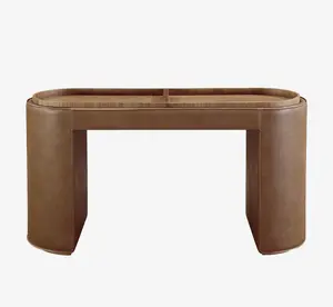 Modern Leather-Wrapped Console Table with Recessed Walnut Wood Tray Top