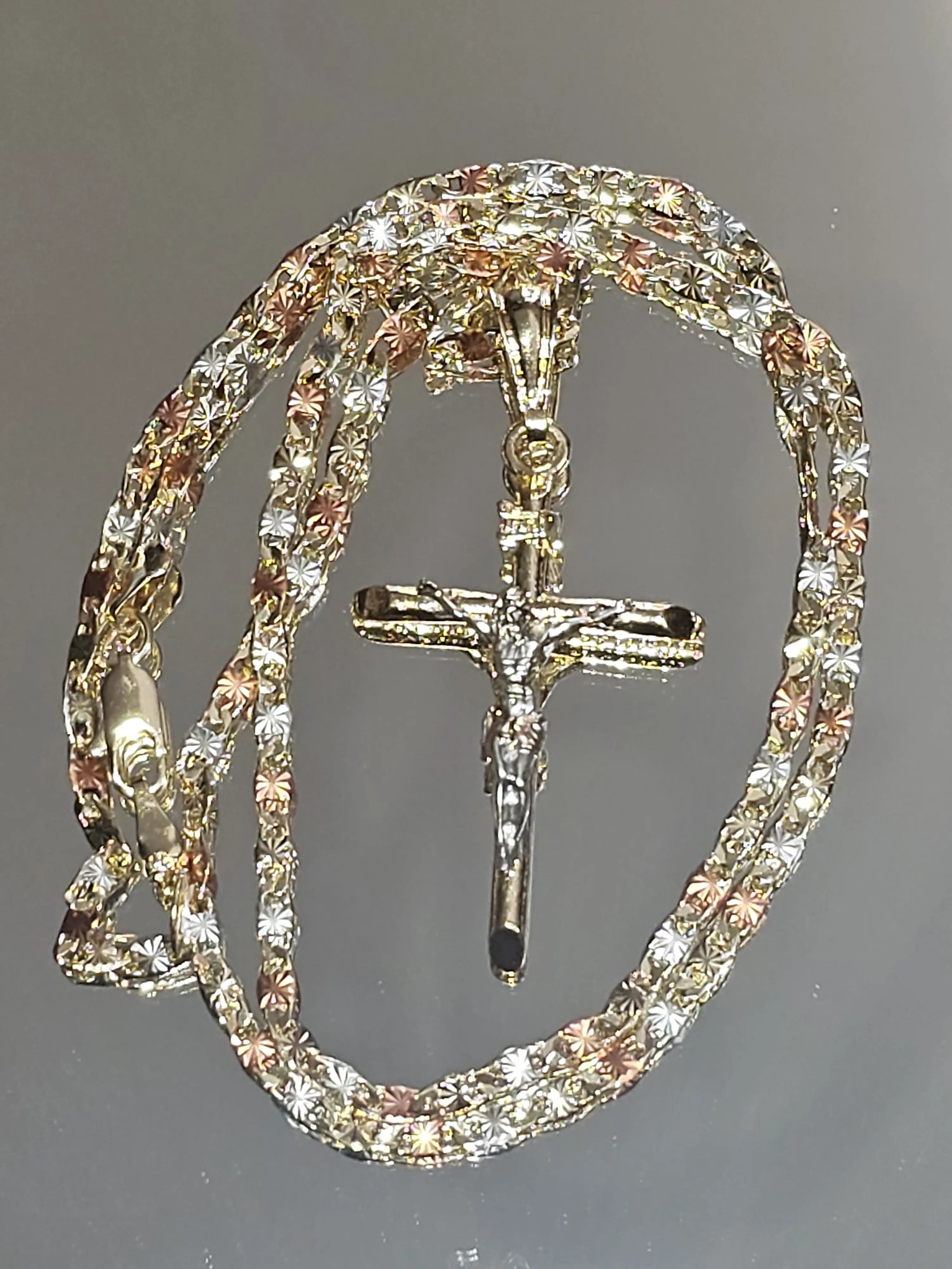 N102-Tricolor 23.3-Inch 3mm Chain & 2-inch Crucifix Copper Gold Plated Casual Necklace Set