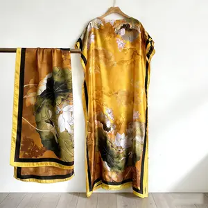 Floral Print Dress with Scarf, Elegant Casual Robe Dress, Loose Fitting Long Maxi Skirt with Short Sleeves, Women's Summer Lounge Wear Two Piece Set