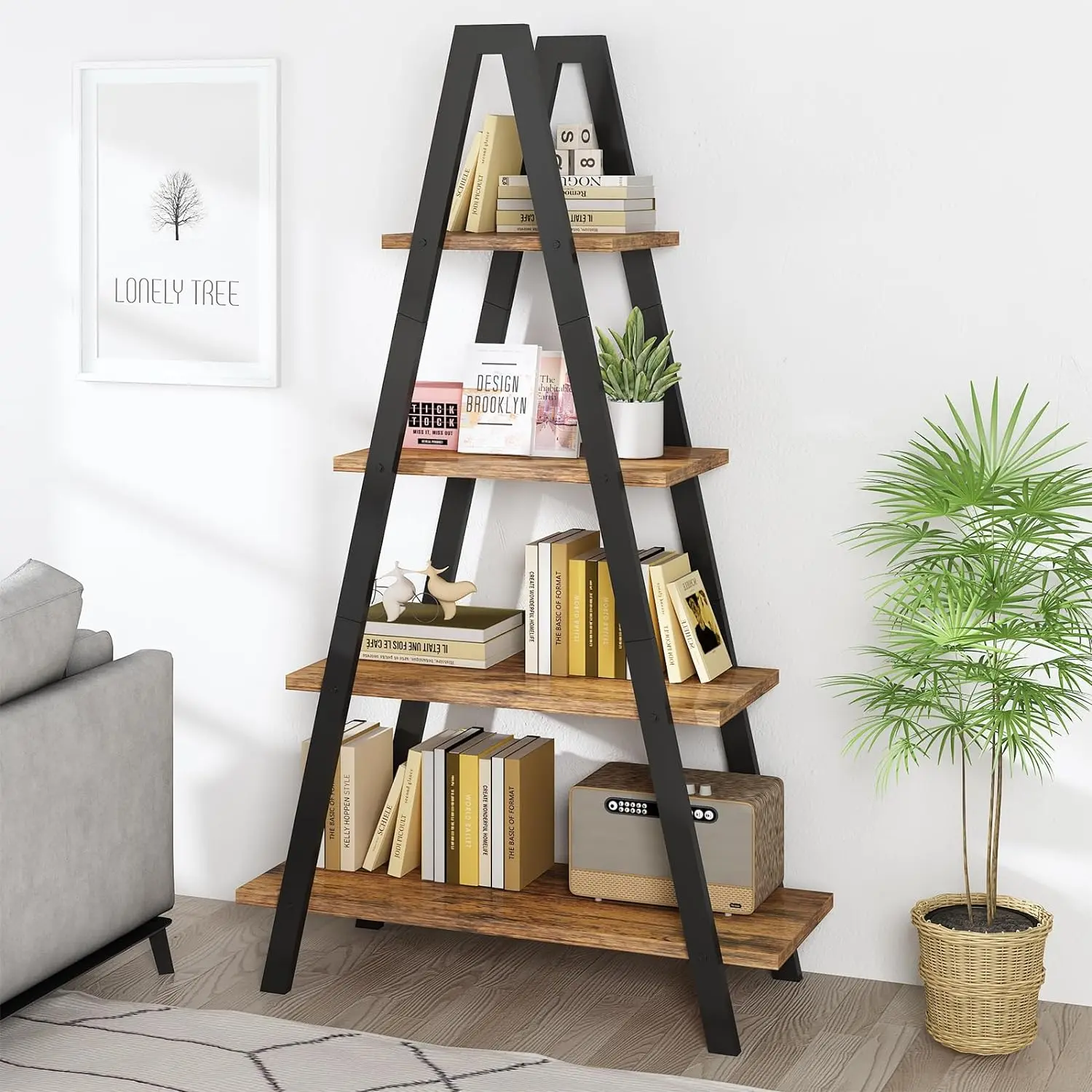 Hooseng 4-Tier Industrial Triangular Bookshelf - Rustic Wood & Black Metal Frame Ladder Shelf, Easy Assembly with All Tools Included, Minimal Aesthetic Room Decor Organizer for Storage in Living Room, Home Office