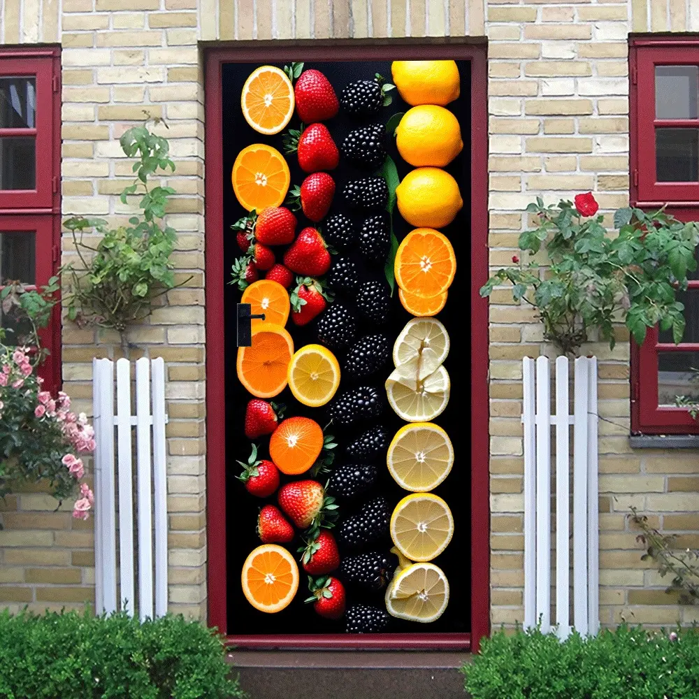 2pcs Fresh Fruit Series Wall Stickers Creative Kitchen Dining Room Decorative Stickers Self Adhesive Removable Lemon Strawberry Orange Blackberry Pattern Decals Home Living Room Bedroom Background Wall D