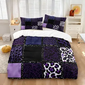 Purple Black Leopard Print Patchwork Y2K Girl Style Pattern Print Duvet Cover Set, Includes 1 or 2 Pillowcases, Soft Comfortable Fabric, Modern Bedroom Decor, All Seasons