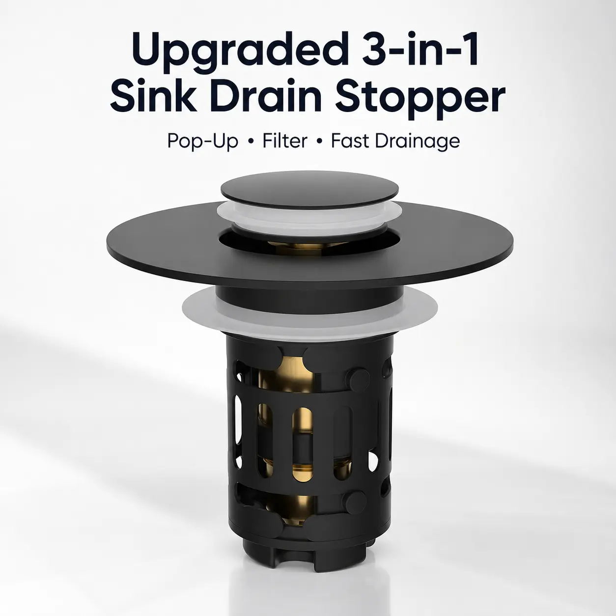 3-in-1 Universal Bathroom Sink Stopper, Pop-Up Drain Strainer with Removable Stainless Steel Hair Catcher Basket, Anti-Clog Sink Plug with Brass Bounce Core