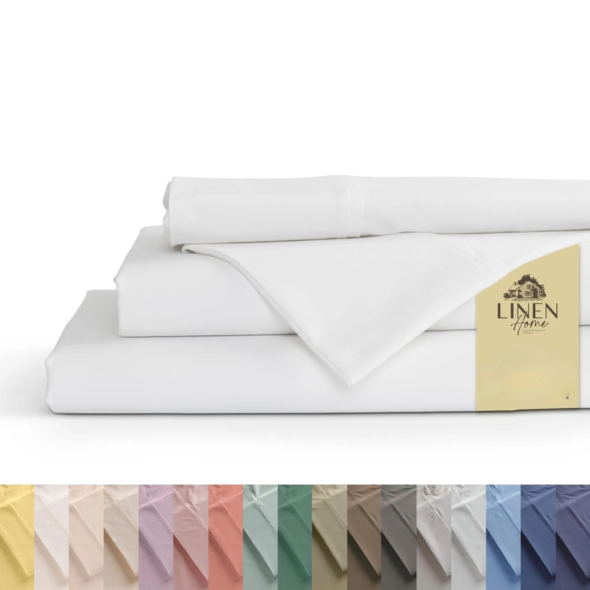 Linen Home 100% Cotton Percale Sheet Set, Deep Pocket, 4 Pieces Set - 1 Flat, 1 Deep Pocket Fitted Sheet and 2 Pillowcases, Crisp Cool and Strong Bed Linen - Solid