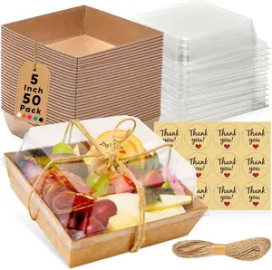 50 Pack Small Charcuterie Boxes with Clear Lids - To Go Paper Mini Charcuterie Box, Disposable Food Containers, 5Inch Dessert Boxes - Sandwich, Cookie, Sushi, Cake Slice, Strawberries