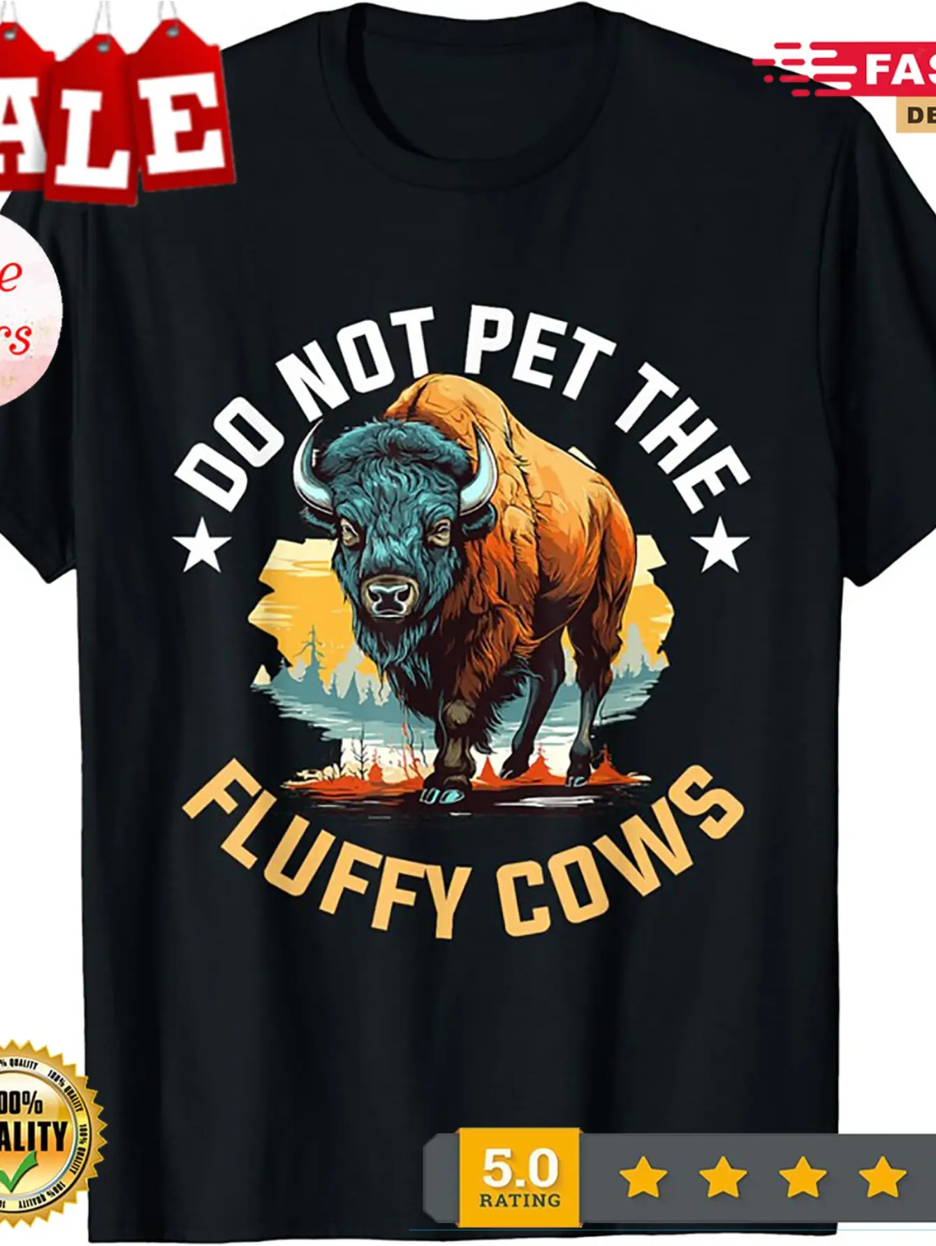 Funny Buffalo Bison _Do Not Pet The Fluffy Cows_ T unisex soft cotton short sleeve t shirt, vintage graphic casual tee for men women teens, perfect birthday holiday gift for camping travel gym daily street casual wear