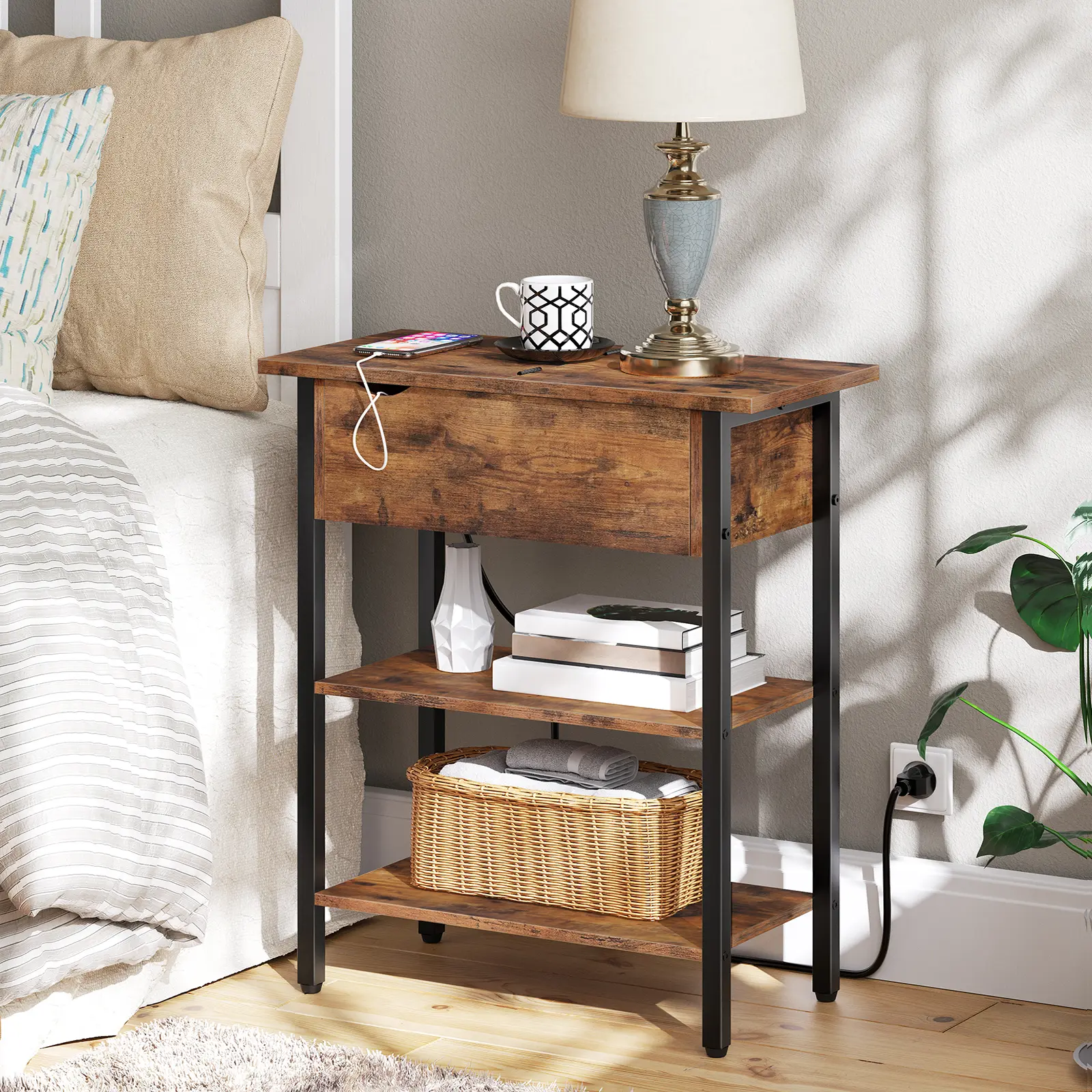HOOBRO Flip Top Nightstand with USB Ports and Outlets, End Table with Charging Station, Narrow Side Table, Bedside Tables with Shelf for Small Spaces, Living Room, Rustic Brown