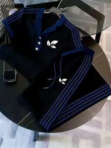 Unisex Black & Blue Striped Polo Two-Piece Set | Couples Matching Casual Outfit