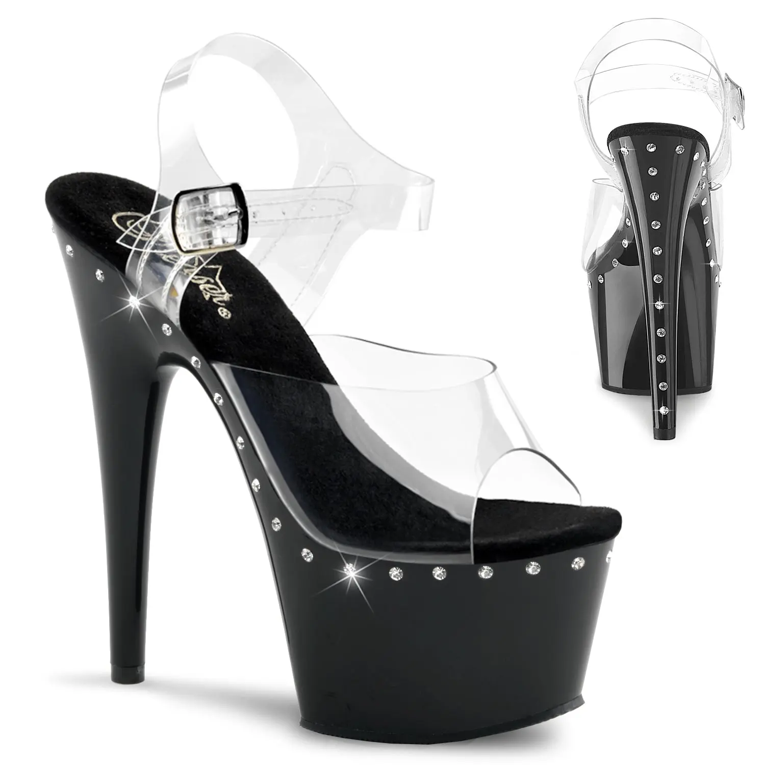 Pleaser Adore-708LS Women's Rhinestone-Embellished Ankle Strap Platform Sandals Women - High Heels Stiletto Statement Shoes for Night Out, Watch Party, Classy Fashion, Clear/Black Footwear, Stylish, Elegant, Edgy, Single Line, Heeled, Buckle, Rubber, 2 3/