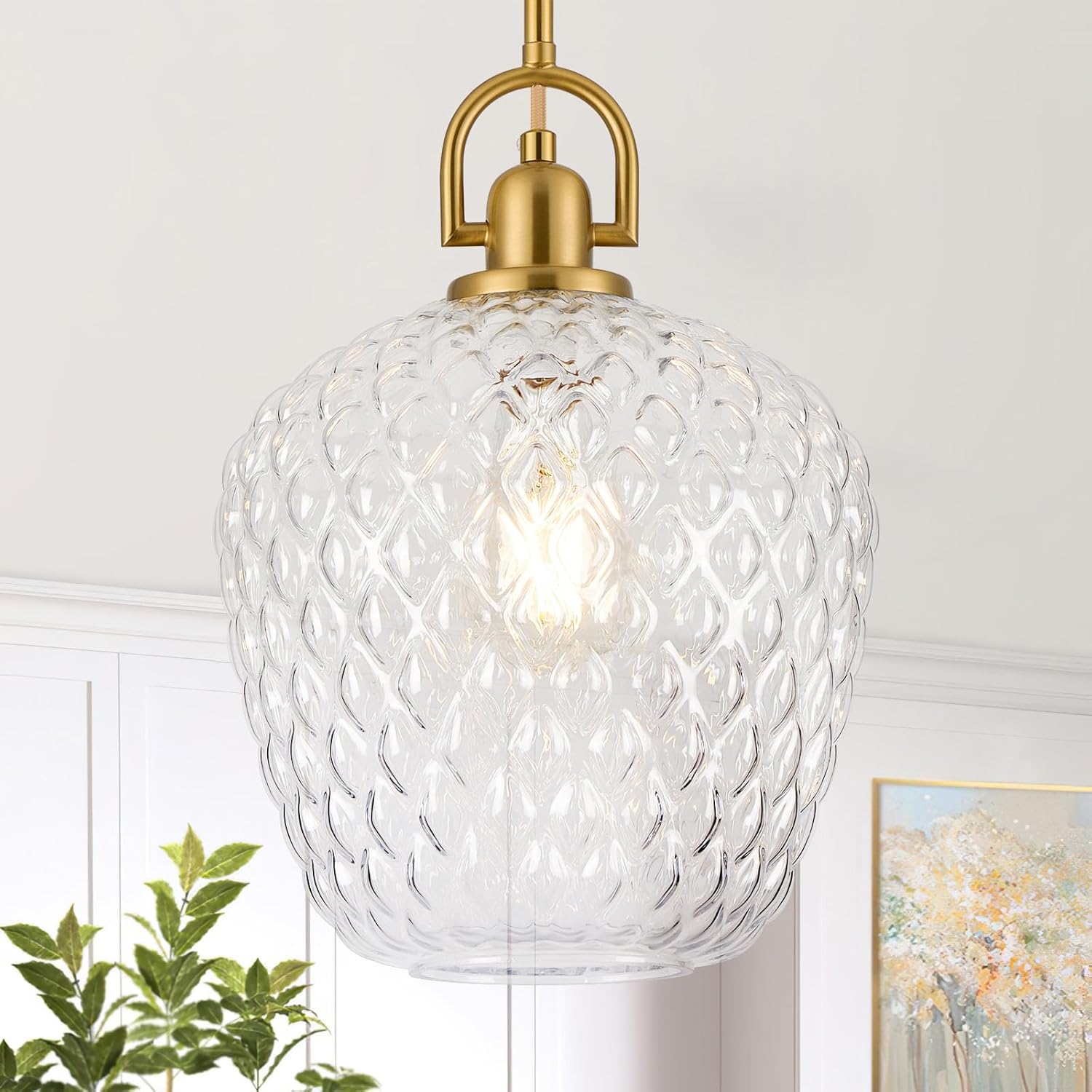 Brushed Gold Pendant Lights Kitchen Island, 10" Large Glass Pendant Light with Hammered Glass Modern Hanging Lighting Fixtures for Kitchen Island Dining Room Entryway Foyer