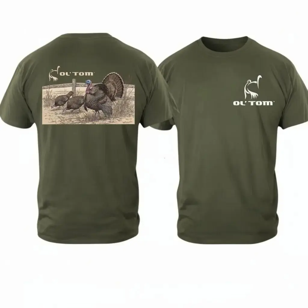 Ol’ Tom Outdoors Turkey Hunting T-Shirt - 2-Sided Olive Green Wild Turkey Graphic Tee - Unisex Cotton Hunting Lifestyle Shirt - Gift for Hunters