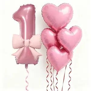 8-Piece Number Balloon Set with Heart & Bow Numbers 1-6, Soft Color Birthday Party Decorations, Baptism & Baby Shower Supplies, Heart Shaped Balloons