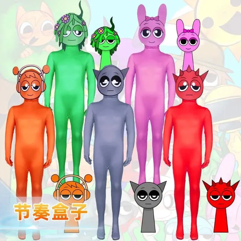 Incredibox Sprunki Cosplay Costume, Tight-Fit Polyester Jumpsuit with Mask for Kids and Adult, Cartoon Character Halloween Carnival Party Outfit