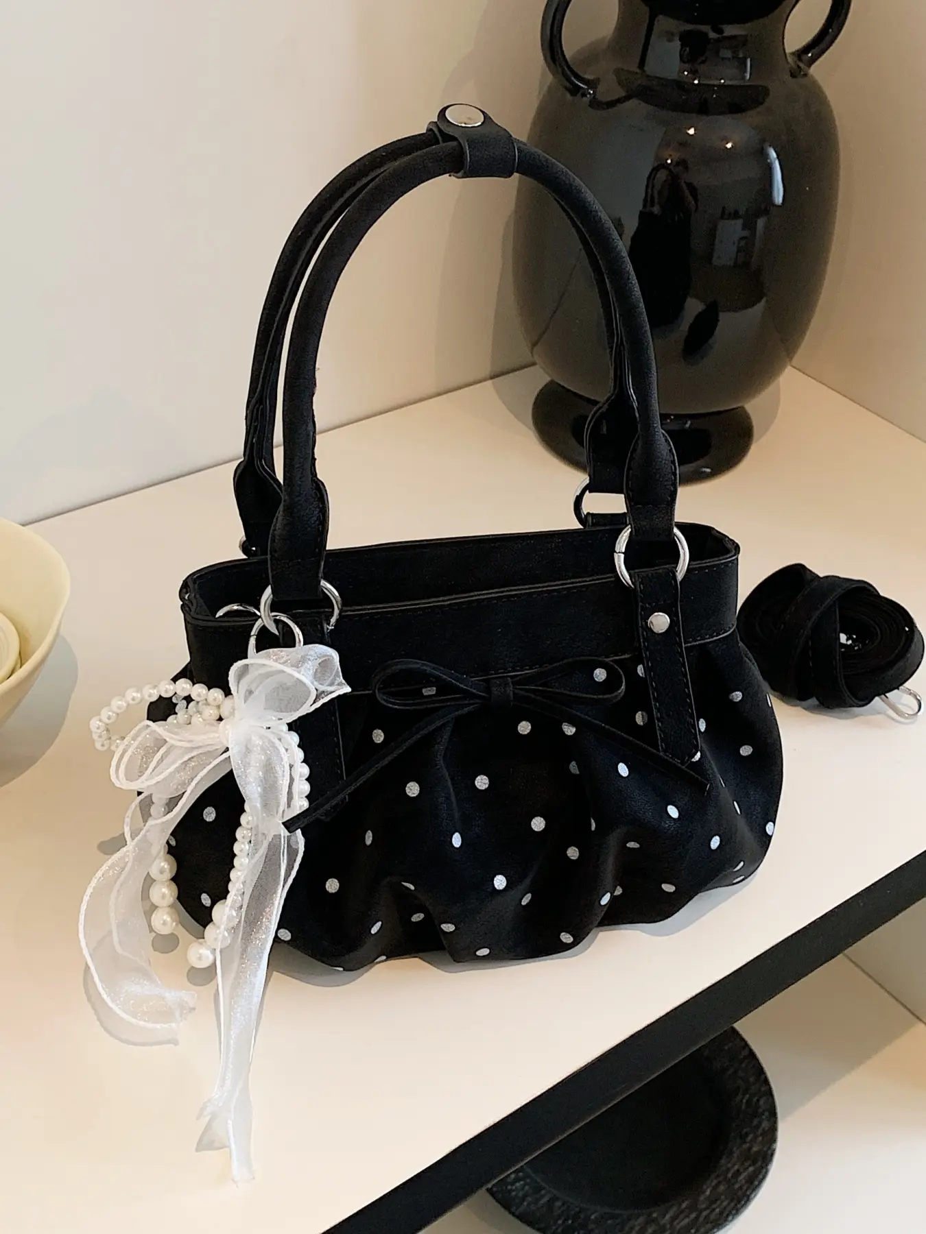 Korean-style Fashion Casual Hand-held Pleated Bag, Polka Dot Pearl Sweet and Cute Crossbody Bag, Bowknot Decor Handbag, Crossbody Shoulder Purse