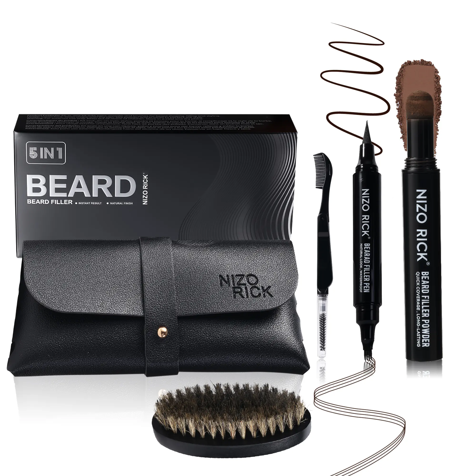 NIZORICK 5-in-1 Beard Pencil Grooming Kit for Men, Dual-Tip Beard Pen, Fill Powder, Eyebrow Comb, Beard Comb & Storage Bag, Waterproof & Smudge-Resistant, for Patchy Beard, Mustache & Hairline