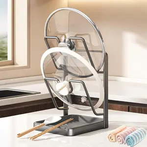 2026 Upgraded Kitchen Pot Lid Storage Rack, Multifunctional Pot Lid Organizer Rack, Lid Holder While Cooking, Lid And Spoon Rest, Thickened Carbon Steel Material (Double Layer-Gray)