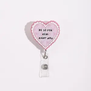 Heart-Shaped Badge Reel Clip with Glitter Edges and Bow Print, Transparent Card Holder, Cute Design for Hanging ID Badges