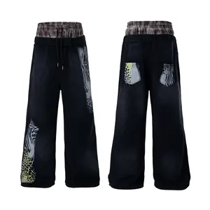 FDR Unisex Double Waist Plaid Patchwork Baggy Pants with Vintage Animal Print Design Bottom , Relaxed Fit Wide Leg Bottom Streetwear Trousers Perfect for Daily Casual Outfits