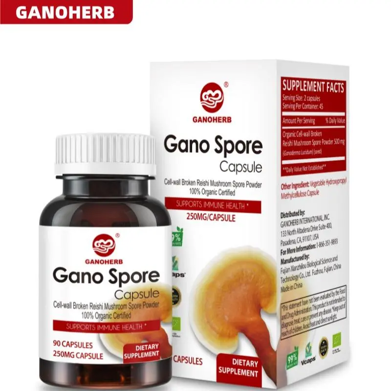 GANOHERB Organic Broken Cell Wall Reishi Spore Powder Capsules, Clean Functional Mushrooms Dietary Supp for Adults’ Immune Support, Vegan, Non-GMO, Gluten-Free, Unsweetened, 90 Capsules